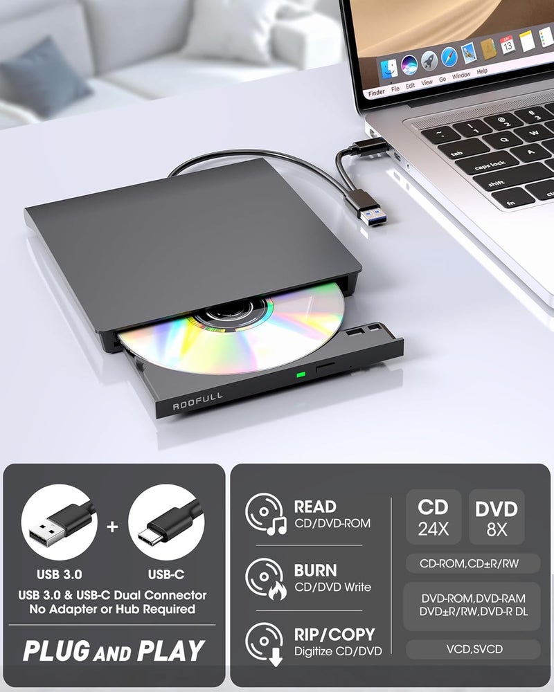 ROOFULL External CD DVD Drive for Laptop, USB 3.0 Type-C CD DVD Disc Reader Writer Burner, USB-C Portable CD DVD Player for Windows 11/10/7 PC Apple Mac MacBook Linux Computer, RF21-MAS - Image 2